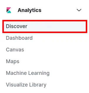 Kibana menu with Analytics section expanded and Discover option highlighted