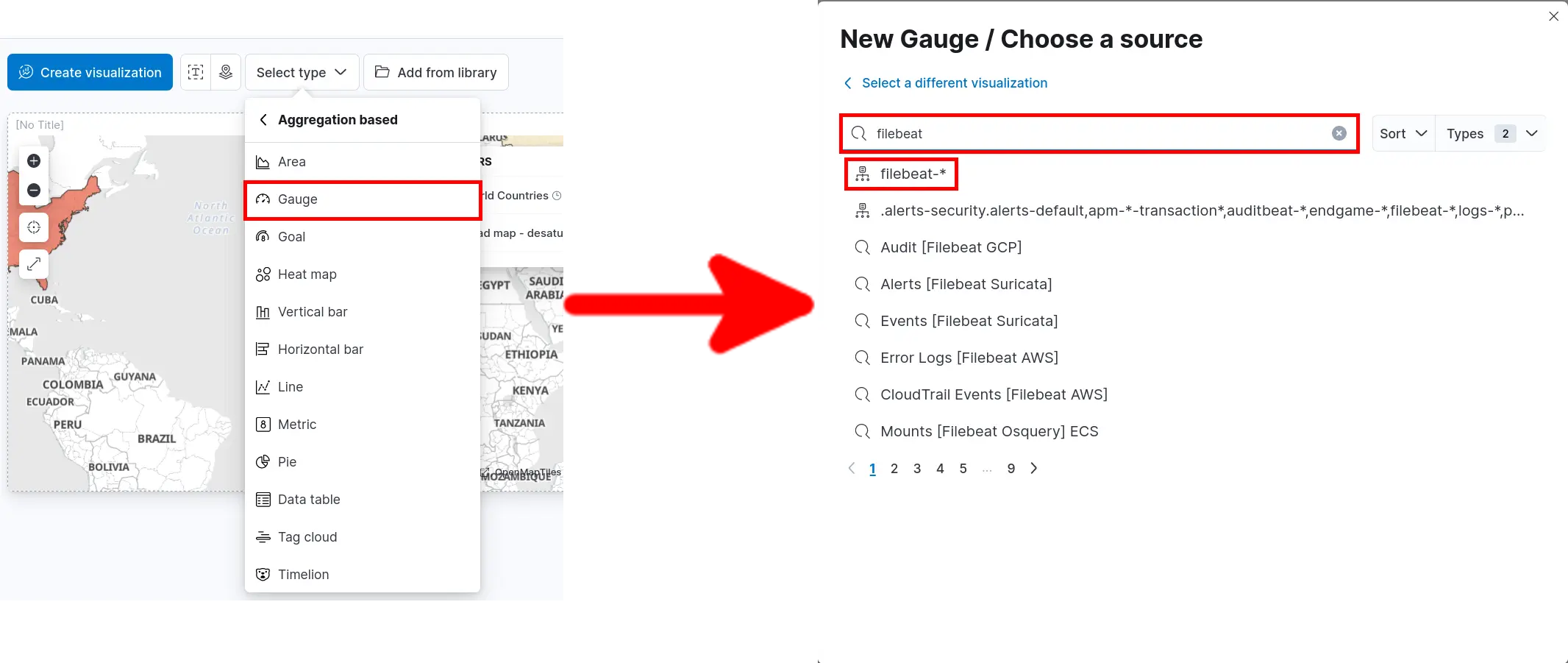 Kibana gauge visualization setup with filebeat index pattern selected for data source