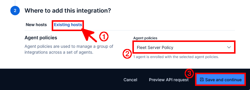 Kibana Add Windows integration page showing the Existing hosts tab, the Fleet Server Policy selection, and the Save and continue button