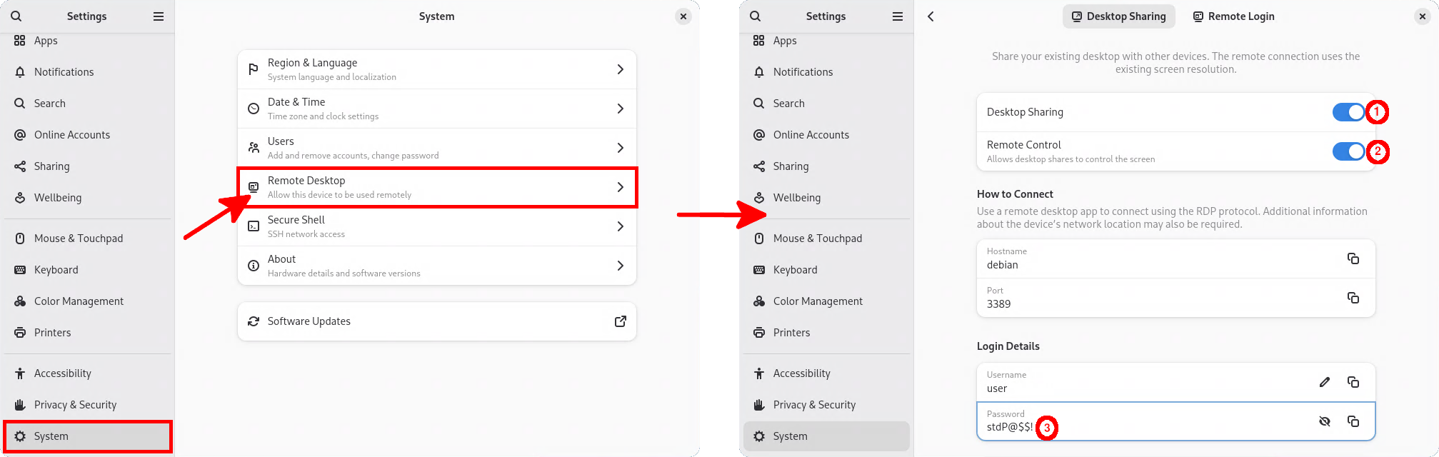 GNOME Remote Desktop configuration GNOME Remote Desktop settings on Debian 13 (Wayland)