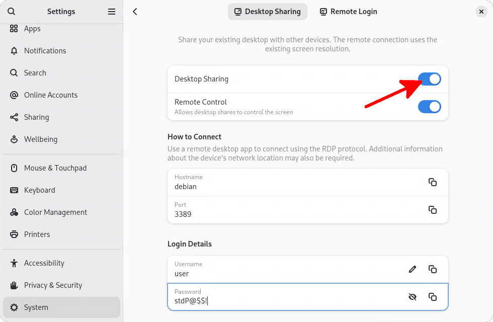 Debian 13 Remote Desktop final settings GNOME Remote Desktop final configuration on Debian 13 (Wayland)