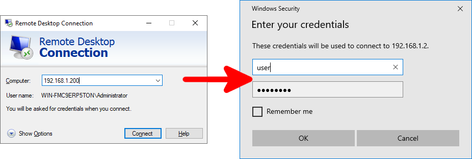 Connecting to Debian 13 RDP from Windows Remote Desktop Connection Screenshot of Windows Remote Desktop Connection window entering computer IP '192.168.1.200', username 'user', and password for RDP authentication to GNOME under Wayland on Debian 13.