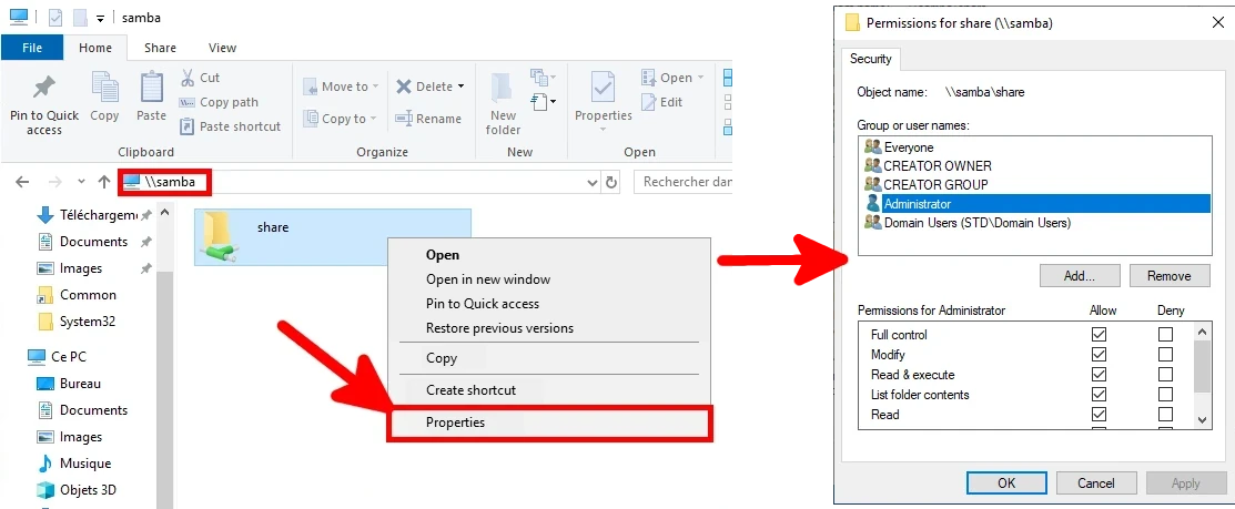 Windows interface showing how to access and edit security permissions for a Samba network share. The 'Properties' menu is selected for the share folder, and the 'Security' tab displays user groups like Administrator and Domain Users with permission settings.