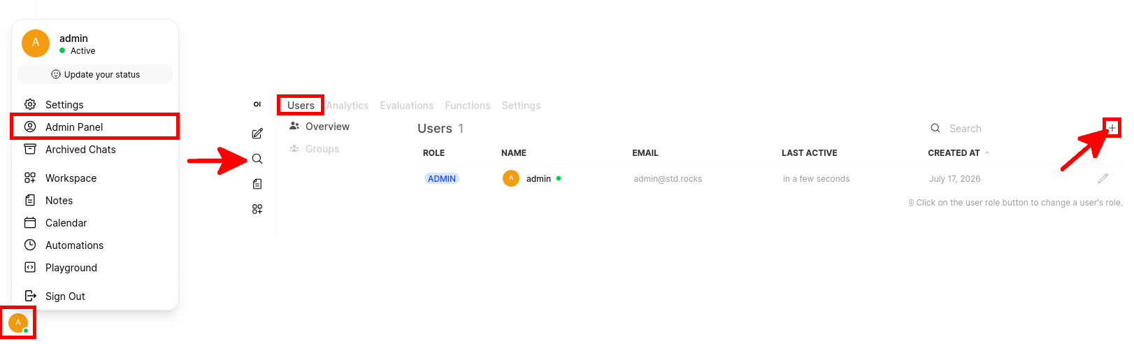 Adding a new user account from the Open WebUI Admin Panel