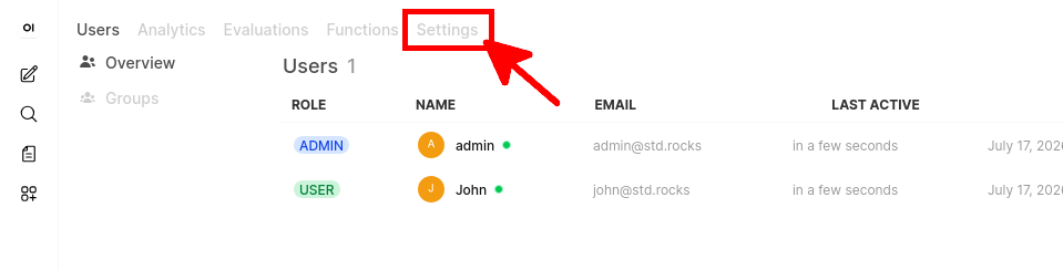 Opening the Settings tab in the Open WebUI Admin Panel to configure user model access