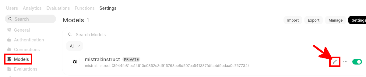 Editing model permissions from the Models section in Open WebUI