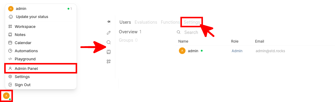 Opening the Admin Panel and Settings page in Open WebUI