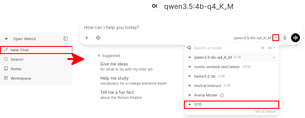 Open WebUI New Chat interface showing the model selector with the preconfigured STD RAG-enabled model available for selection
