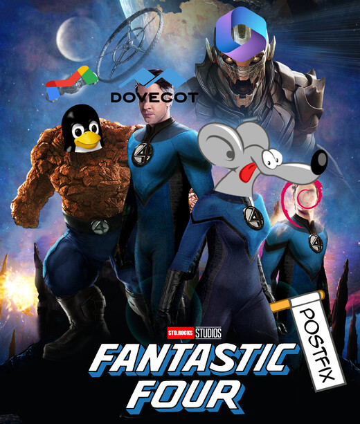 Illustration showing Linux, Postfix, and Dovecot as a superhero team, representing the Fantastic Four of mail servers.