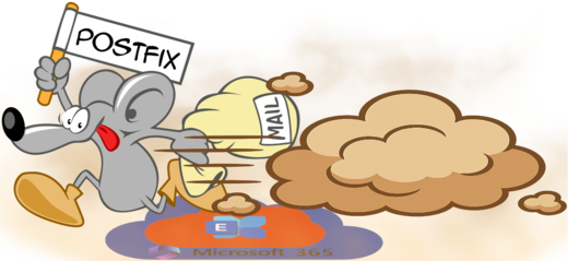 Cartoon mouse carrying mail with Postfix sign, relaying messages to Microsoft 365 Exchange