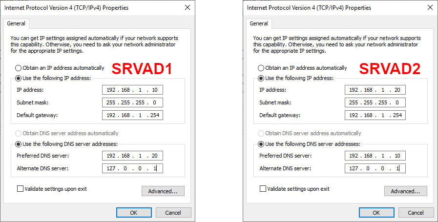 DNS settings IPv4 properties window showing DNS configurations for two Active Directory servers, SRVAD1 and SRVAD2, with their respective IP addresses and preferred DNS servers.
