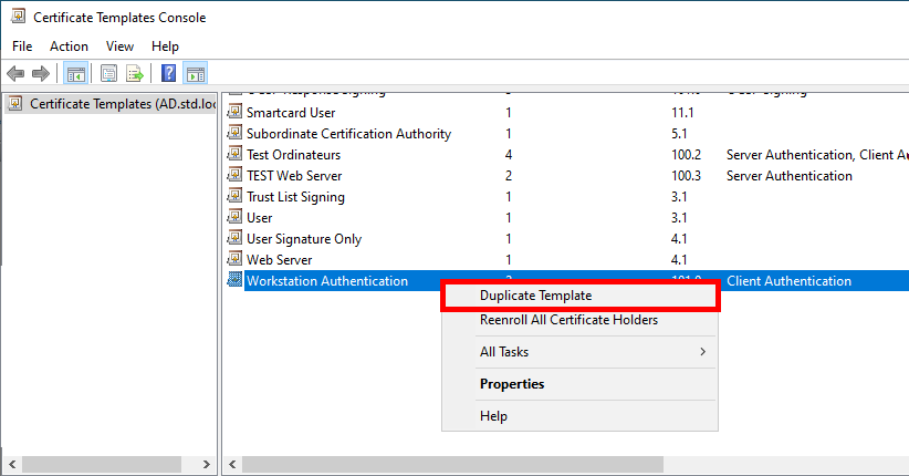Screenshot of the Certificate Templates Console, showing the option to duplicate a workstation certificate template in AD CS.