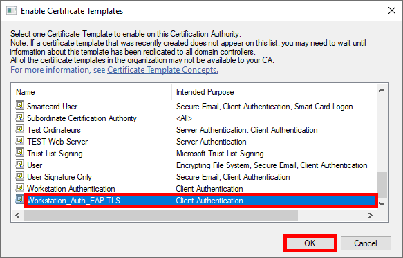 Screenshot of the Enable Certificate Templates window in AD CS, showing the selection of the EAP-TLS certificate template for enabling.