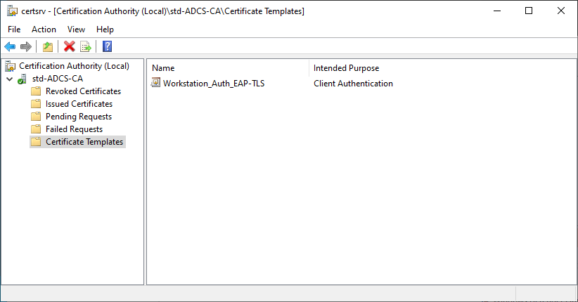 Screenshot of the Certification Authority console in AD CS, showing the EAP-TLS certificate template enabled under 'Certificate Templates'.