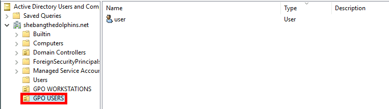 Active Directory console showing a 'GPO USERS' organizational unit with a user account.