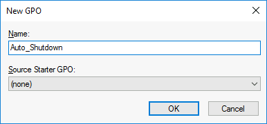New GPO creation window showing 'Auto_Shutdown' as the name, with no starter GPO selected.