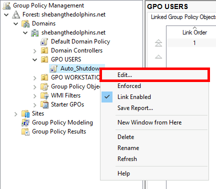 Group Policy Management with the Edit option selected for the 'Auto_Shutdown' GPO.