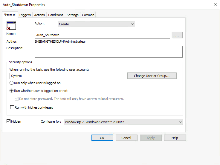 Task properties for Auto_Shutdown showing general settings and user account configuration.