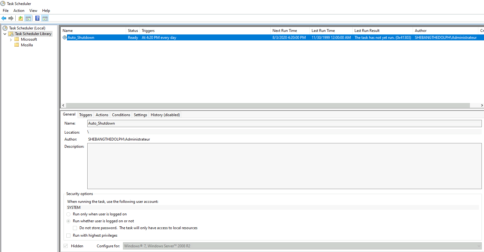 Task Scheduler showing the Auto_Shutdown task with status, triggers, and security options.