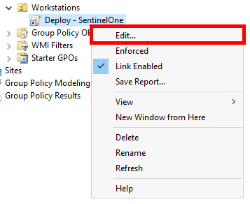Right-click context menu showing the 'Edit' option for the 'Deploy - SentinelOner' GPO in Group Policy Management