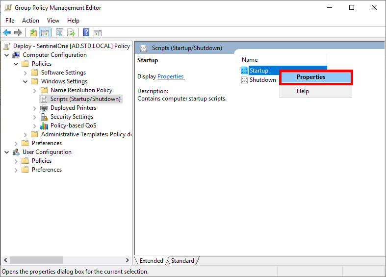 Opening the properties of the Startup script section in Group Policy Management Editor