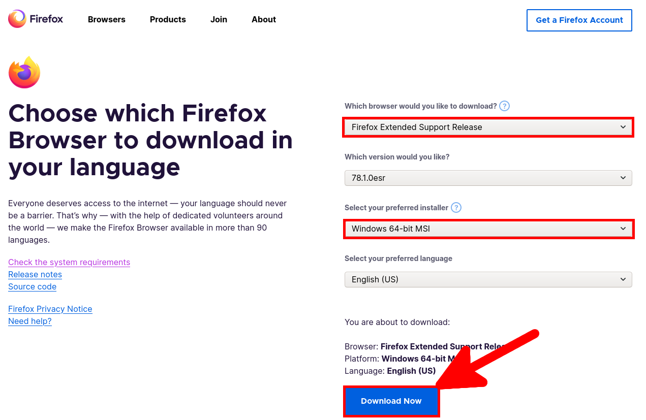Firefox ESR download page with options for version and installer type