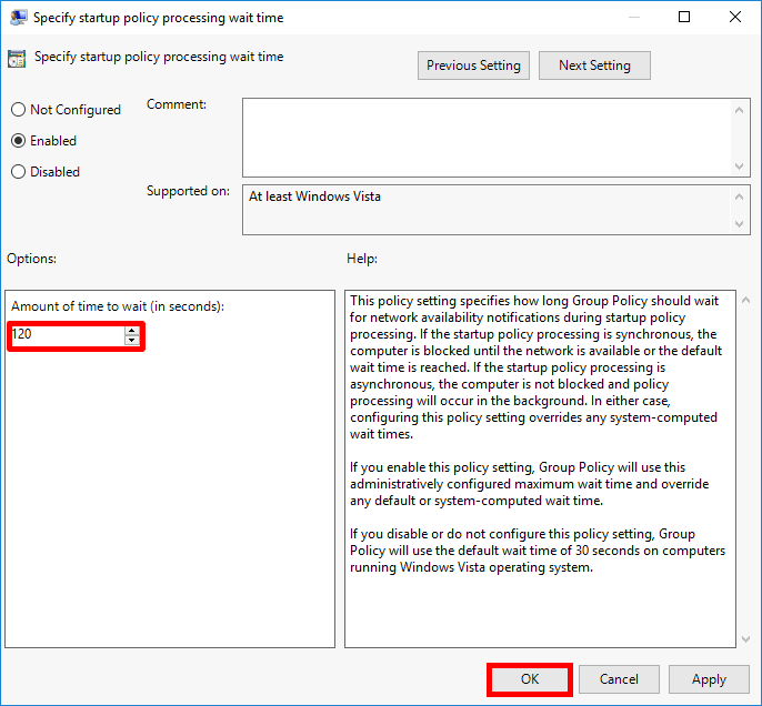 Group Policy setting for specifying startup policy processing wait time