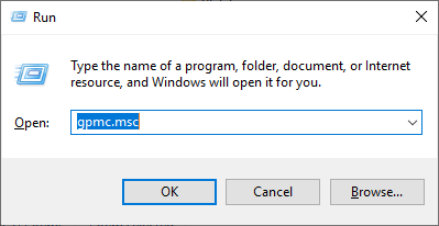 Windows Run dialog with 'gpmc.msc' entered to open Group Policy Management Console.