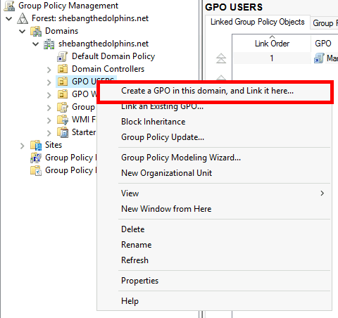 Group Policy Management Console showing the option to create and link a new GPO to an OU.