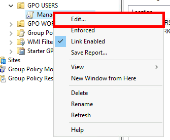 Context menu in Group Policy Management with the 'Edit' option highlighted for the selected GPO.