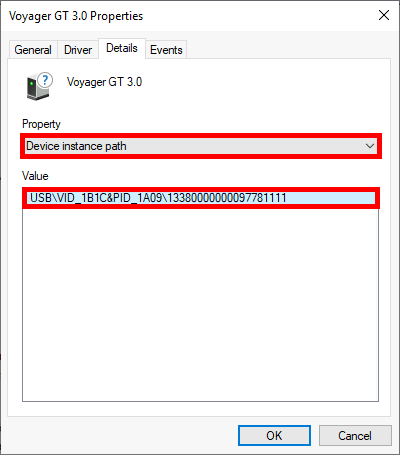 Screenshot of USB device properties window showing the 'Device instance path' under the 'Details' tab with a specific USB ID value displayed.