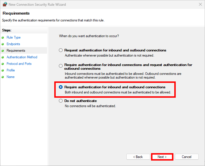 Windows IPsec wizard showing option to require authentication for both inbound and outbound connections
