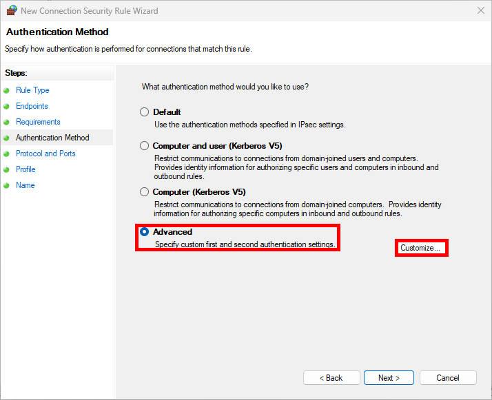 Windows IPsec wizard with Advanced authentication method selected and Customize option highlighted