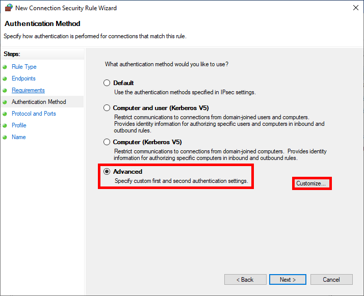 IPsec rule configuration window showing advanced authentication method selection in Windows