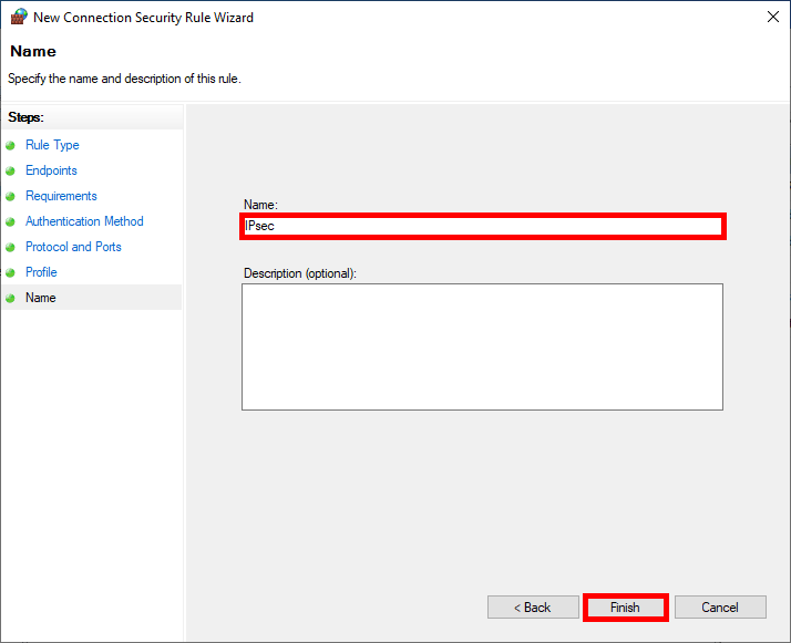 Final step of the IPsec rule creation in Windows Firewall with rule name set to 'IPsec'