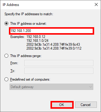 Entering a specific IP address to define an IPsec rule endpoint in Windows Firewall