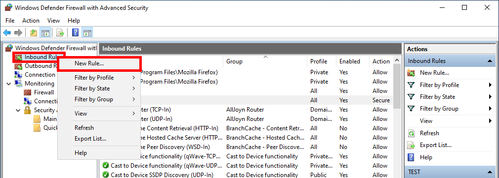 Windows Defender Firewall interface showing how to create a new inbound rule
