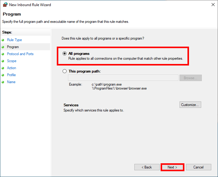 Firewall rule configuration in Windows set to apply to all programs on the system
