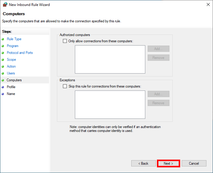 Windows Firewall wizard displaying computer-based connection restrictions for IPsec rule setup