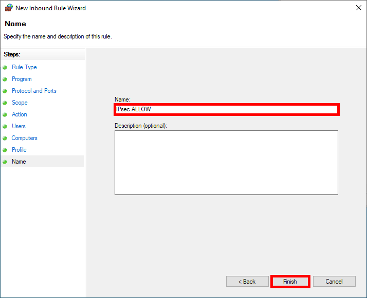 Final step of the Windows Firewall wizard showing an IPsec inbound rule named 'IPsec ALLOW' ready to be created