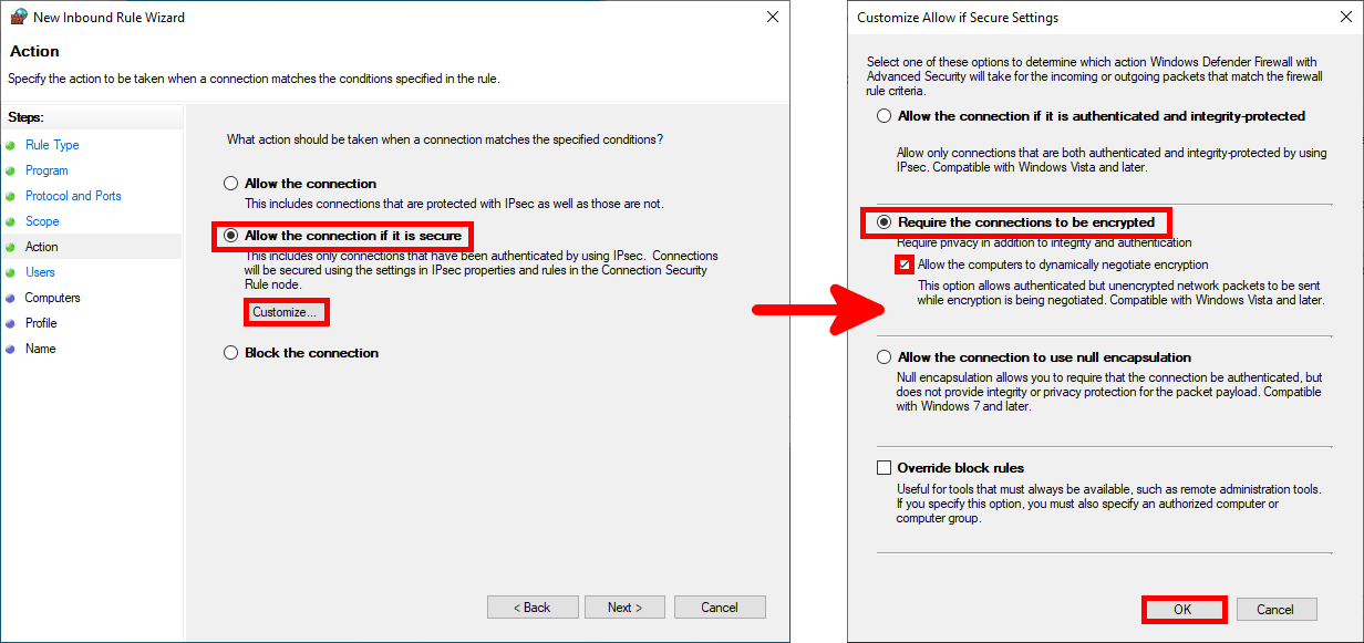 Windows Firewall rule configuration set to require encrypted IPsec connections for secure communications
