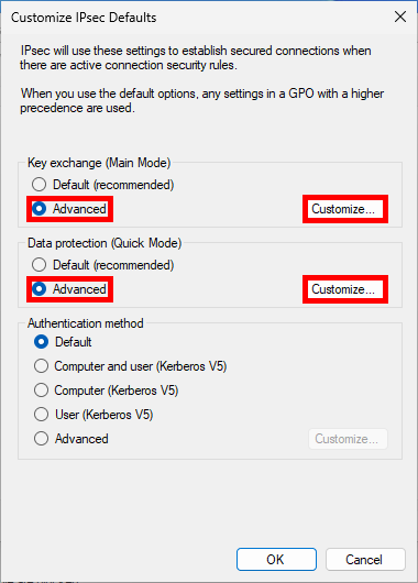 Customize IPsec Defaults window showing advanced options enabled for key exchange and data protection with Customize buttons highlighted