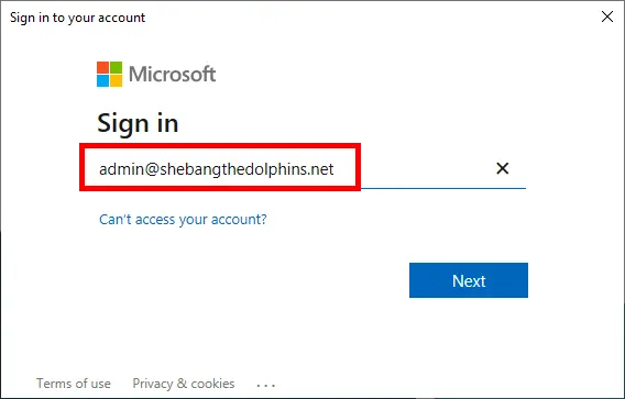 Microsoft sign-in screen showing an email field pre-filled with an administrator account.