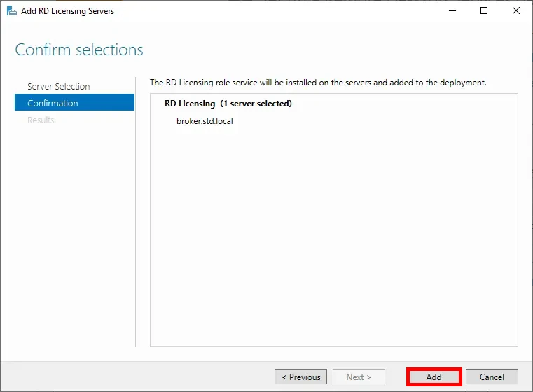 Confirmation screen of the Add License Server Wizard, with the 'Add' button highlighted.