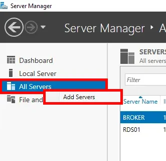 Screenshot of Server Manager interface showing the option to add servers under the 'All Servers' menu.