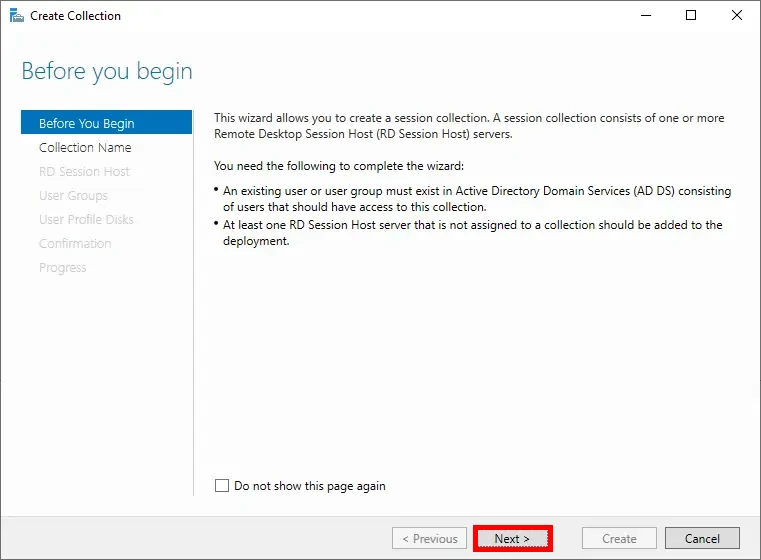 Start page of the Create Collection wizard, with 'Next' highlighted.