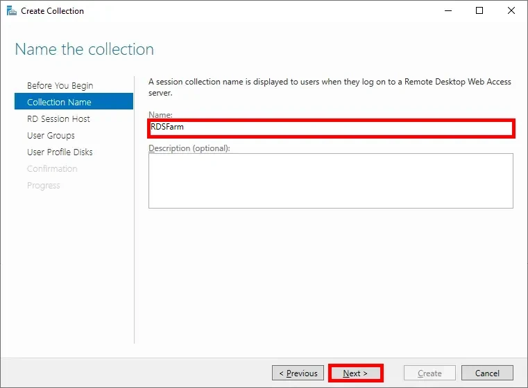 Collection naming step, showing 'RDSFarm' as the chosen name and the 'Next' button.