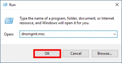 Run dialog with 'dnsmgmt.msc' entered to open DNS Manager.
