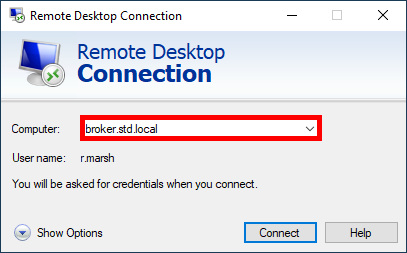 Remote Desktop Connection using an RDP file with 'broker.std.local' as the destination.