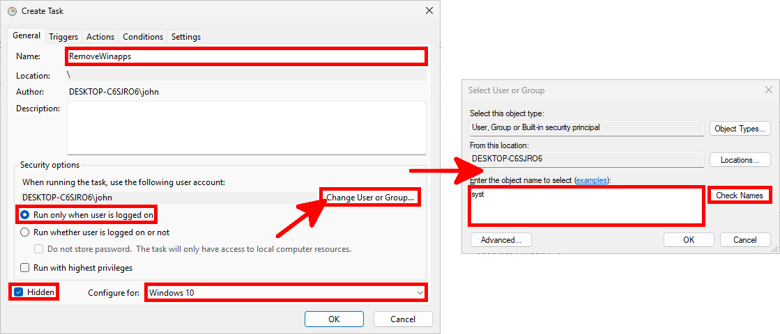 Task Scheduler — Create Task window, General tab configuration for RemoveWinapps Screenshot showing the Task Scheduler Create Task window where the RemoveWinapps task is configured under the General tab